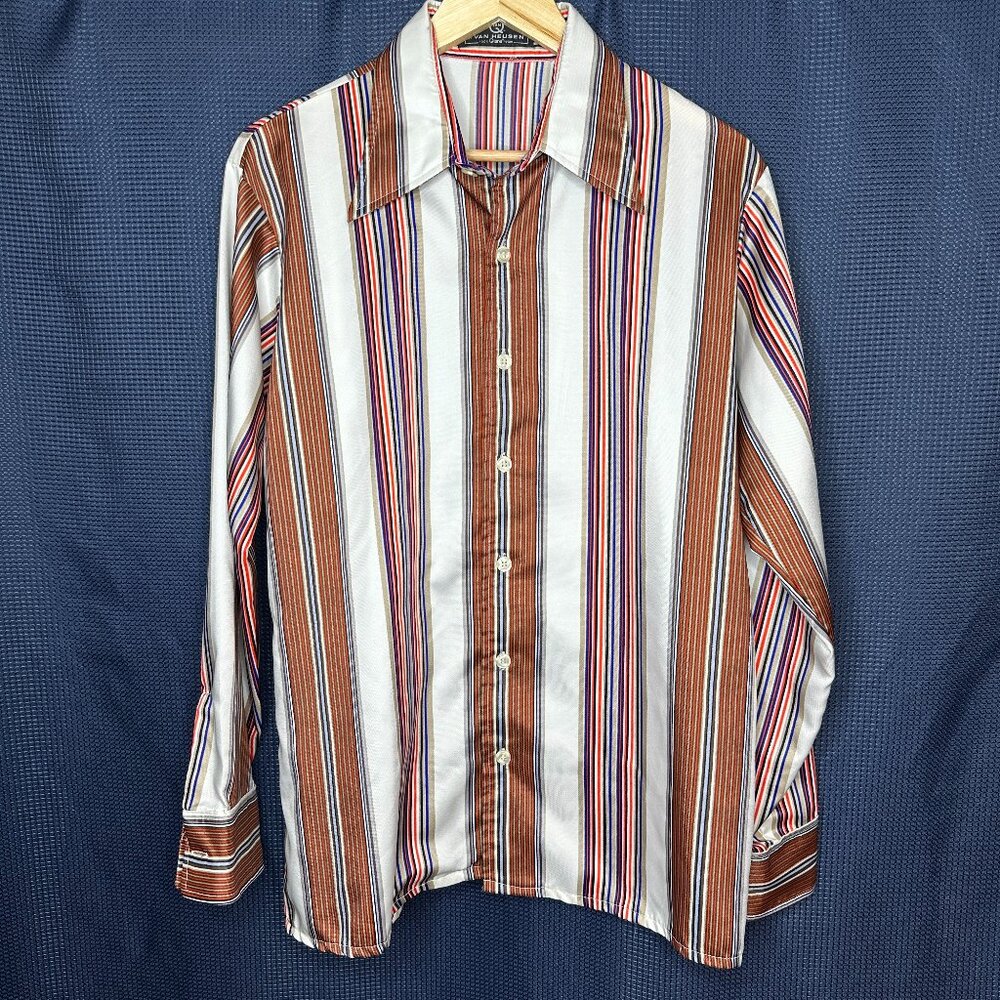 Vintage Van Heusen Van Q Point Collar Striped Button down Shirt, Large 70s Disco